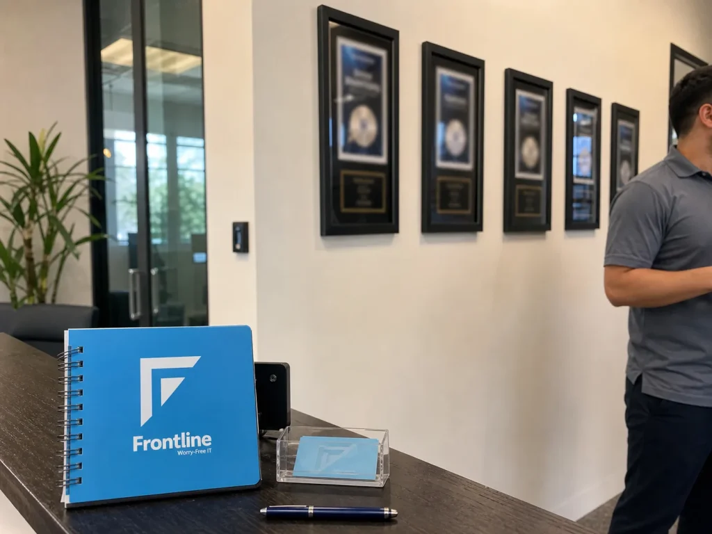 Frontline’s Los Angeles reception with its wall of industry awards