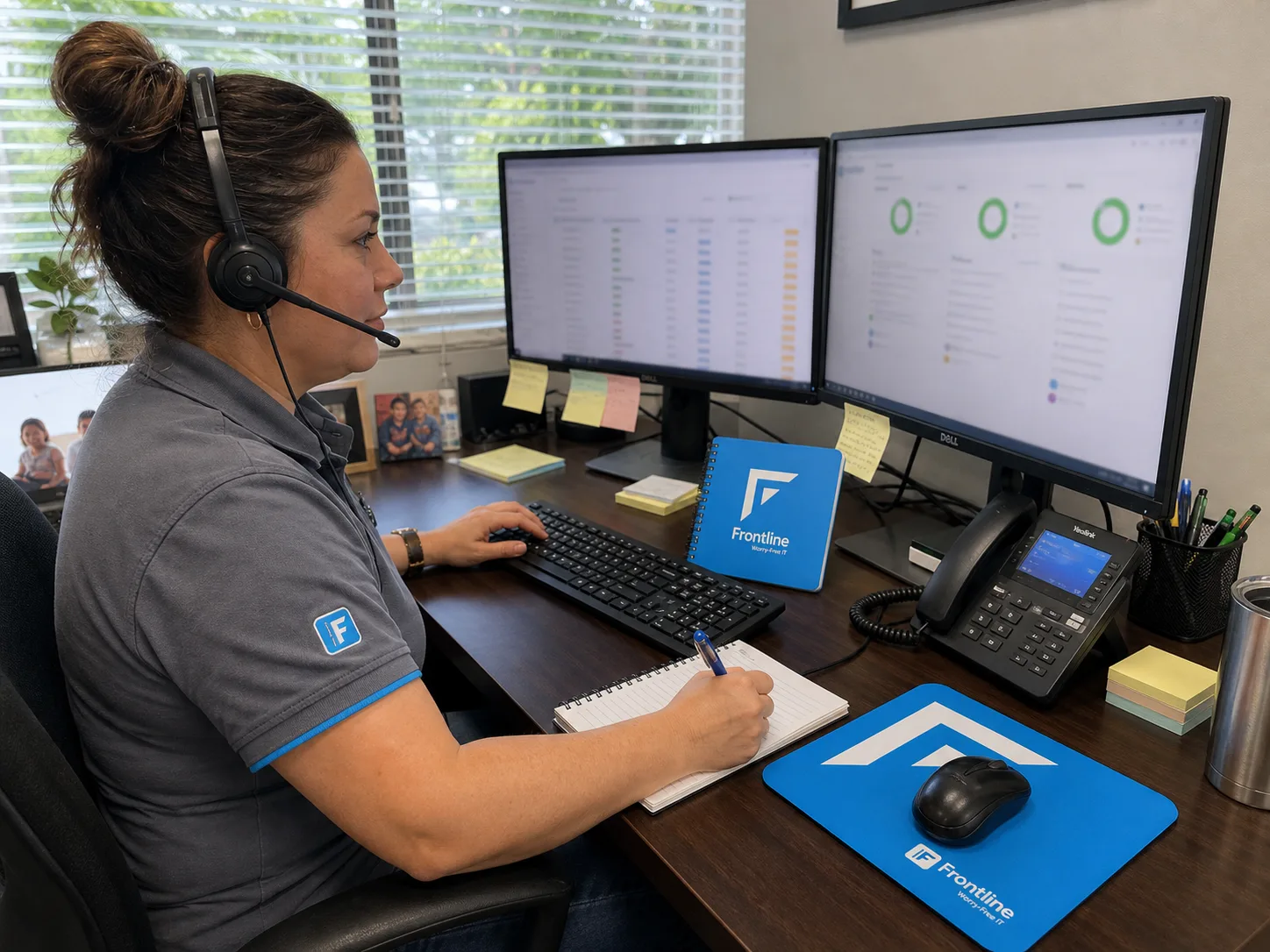 A Frontline helpdesk technician answering a support call in Los Angeles