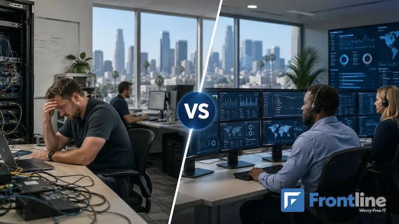 Side-by-side comparison: an overwhelmed in-house technician versus Frontline's fully managed IT operations team monitoring systems