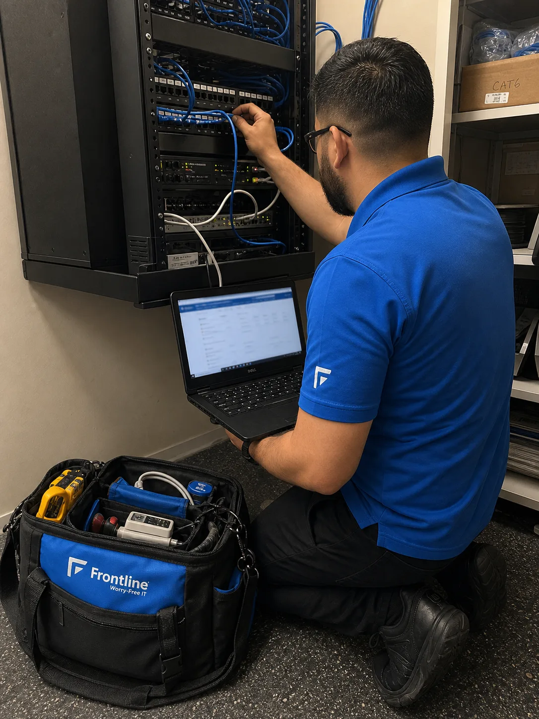A technician servicing network racks at a distribution center